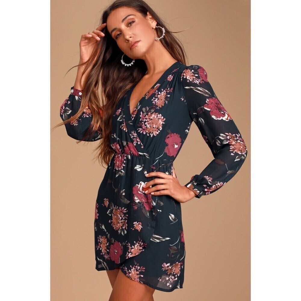 LULUS Pretty Pretender Navy Blue Floral Print Sheer Long Sleeve Mini Dress Small